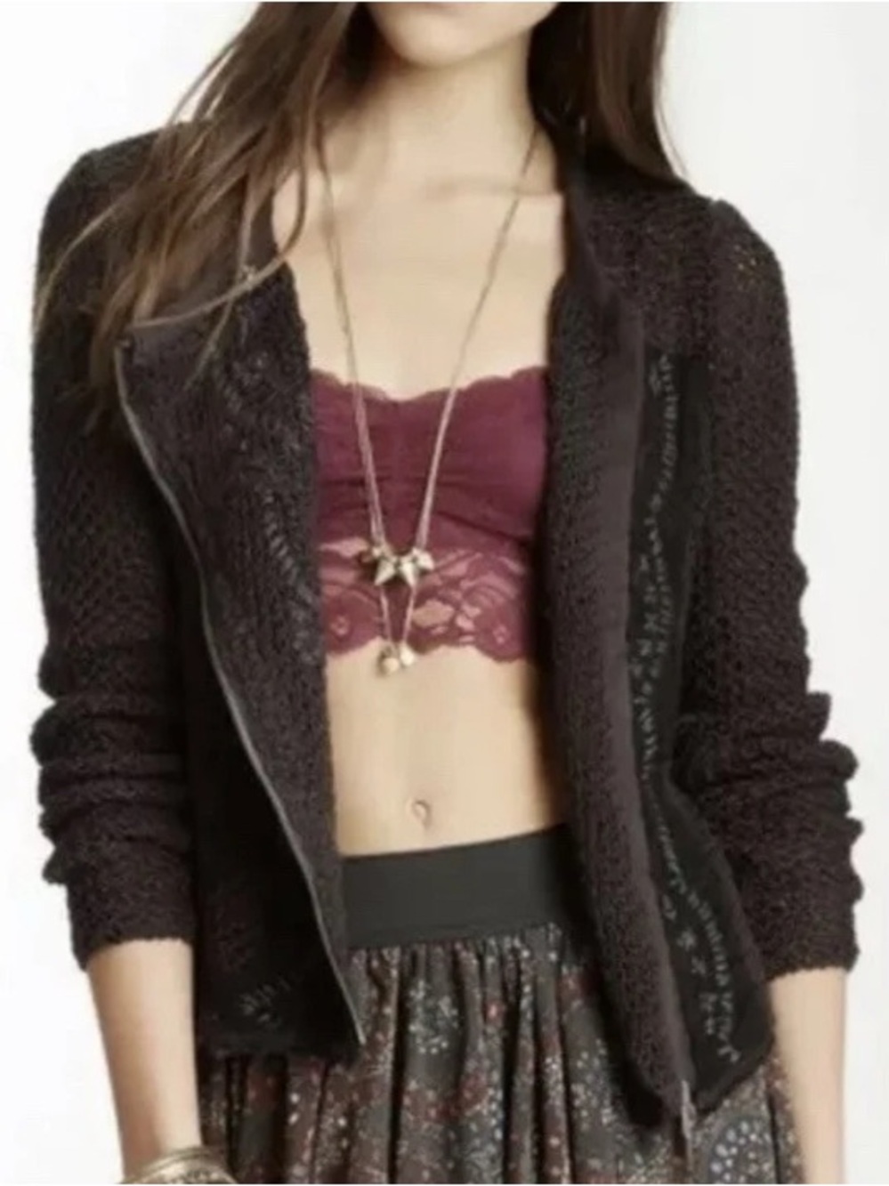 Free People Femme Fatal Moto Open Knit Zip Sweater Cardigan, Charcoal Combo, S - Picture 2 of 10